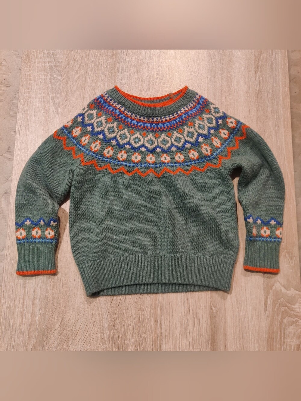 Mini Boden Green Fair Isle Crewneck Sweater with Orange Trim Size 18-24mo